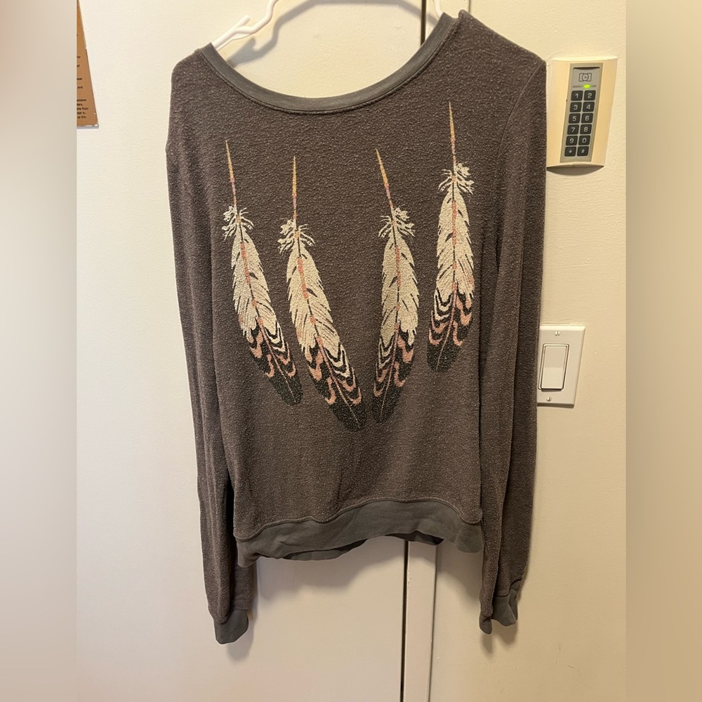 Wildfox Charcoal Feather Print Top